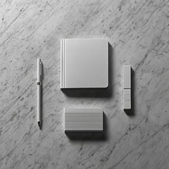 Minimalist Flat Lay of White Notebook and Pen on Elegant White Marble Surface