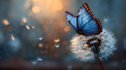 Blue morpho butterfly and dandelion. Seeds of a dandelion flower on a background of sunrise.