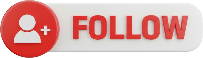 Red social media follow button with person icon and plus sign isolate white