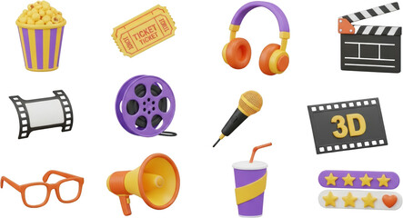 Cinema icons include popcorn tickets headphones clapperboard film reel microphone 3D film strip and rating stars transparent background