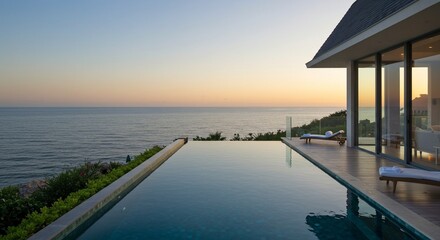 Luxurious Infinity Pool Overlooking Ocean at Sunset with Modern Architecture