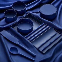 Elegant Matte Cyan Blue Tableware Arrangement on Textured Surface