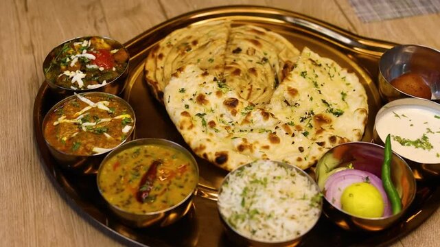 Indian thali with naan,sabzi,curry papad,salad,rice and raita