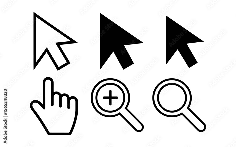 Poster vector collection of computer mouse cursor icons including arrow pointer hand and magnifying glass
