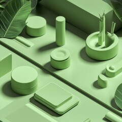 Curated Pale Sage Green Objects on Smooth Surface with Leaves for Minimalist Aesthetic