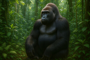Majestic Gorilla in Lush Rainforest Habitat A Powerful Portrait of Wildlife