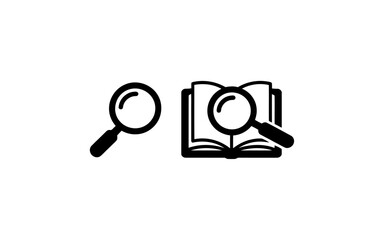 Vector Magnifying glass and open book icons representing research and learning
