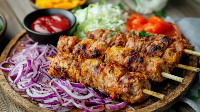 Appetizing lula kebab, decorated with greenery in a cafe. The concept of development of shashlik houses, cafes, restaurants. Empty space for text.