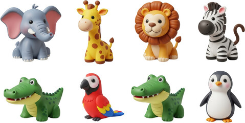 Cute cartoon safari animals including elephant giraffe lion zebra parrot alligator and penguin transparent background