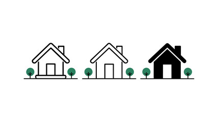 Fototapeta premium Vector Three simple house icons with green bushes representing real estate and property