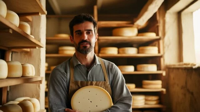 Senior cheesemaker proudly presenting a wheel of cheese in a cellar, surrounded by shelves of aging cheese