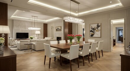 Fototapeta premium Luxurious Modern Interior with Dining Area, Living Room, and Elegant Lighting Fixtures