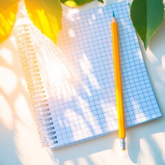 Bright Flat Lay of Notebook and Pencil on Ivory Surface with Natural Light