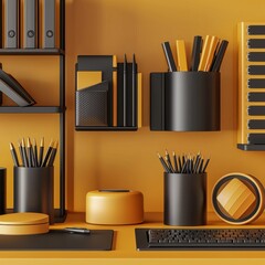 Modern Pastel Yellow Desk Aesthetic with Stationery and Backdrop Decor Elements