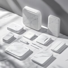 Neatly Arranged White Marble Accessories on Flat Surface with Soft Shadow Play