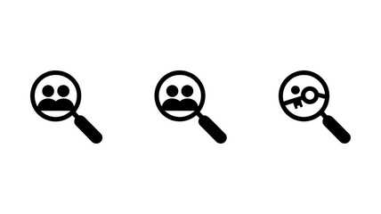 Vector Magnifying glass icons with human faces and a key symbol representing search and discovery