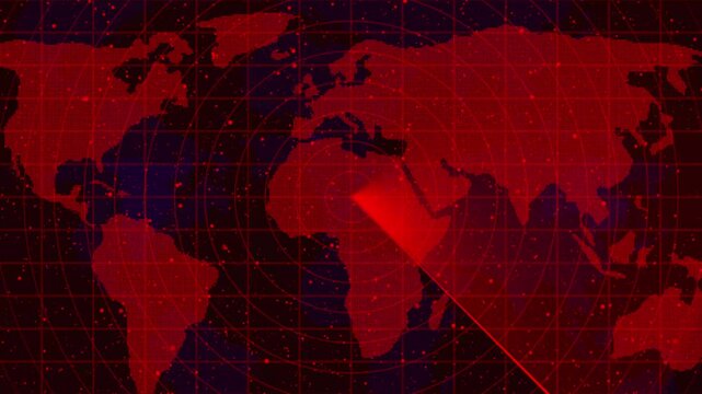 digital red radar screen with world map with sweeping beam rotating across the display