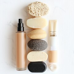 Elegant Arrangement of Beauty Products and Natural Stones on White Marble Surface