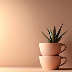 Stacked Beige Cups with Green Plant Against Clean Beige Background in Photoreal Style
