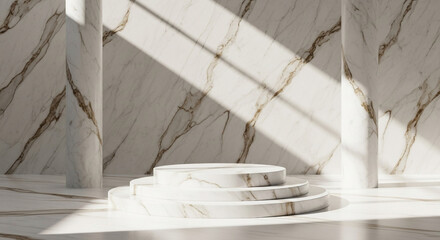 Luxury marble podium with natural light and shadows in a modern architectural setting