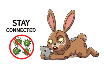 Obraz premium Cartoon Rabbit with Patches Using Smartphone Looking Stressed and Tired.