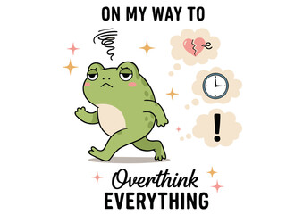 Anxious Green Frog Walking Overthinking Everything Cartoon Illustration.