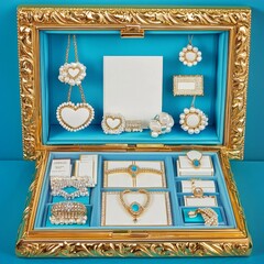 Elegant Jewelry Display in Ornate Frame with Seafoam Background and Neat Organization