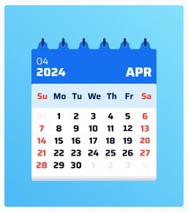 April 2024 calendar. Blue calendar portrait. 2024 Weekend includes sunday and saturday. Design template. Monthly calendar layout april 2024. Vector illustration