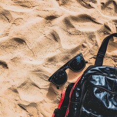 Smooth Sand Background with Sunglasses and Backpack in Ultra-Minimalist Style