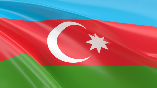 Flag of Azerbaijan waving in the wind 3D illustration. Horizontal blue, red, and green stripes with a white crescent and eight-pointed star in the center. 