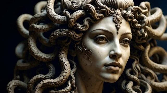 Close-up of a marble statue depicting Medusa with snakes for hair, stone textured snakes, woman's face with piercing eyes, mythology