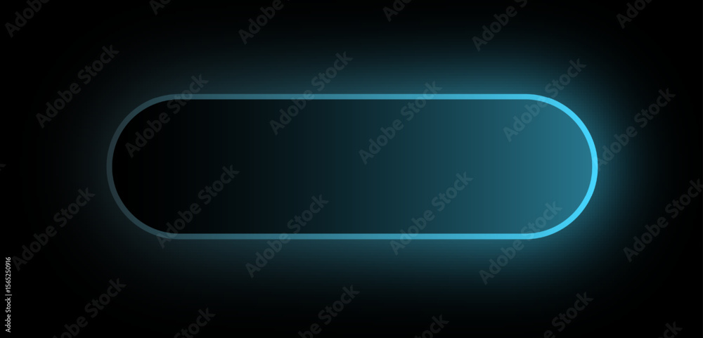 Poster glowing neon rounded button ui element with blue light effect on dark background. futuristic tech in