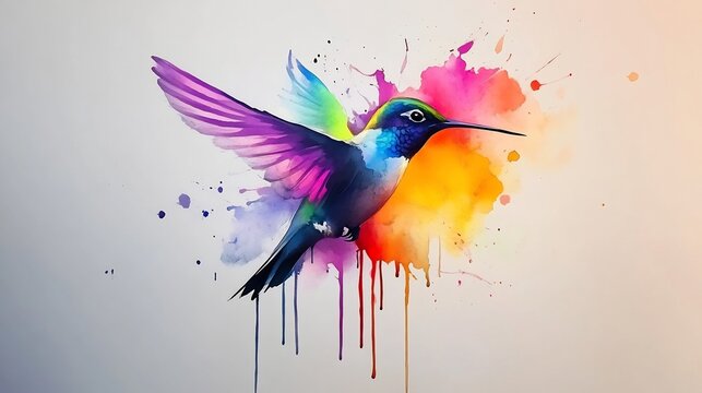 Hummingbird mid flight with watercolor wings still dripping, pigment droplets suspended