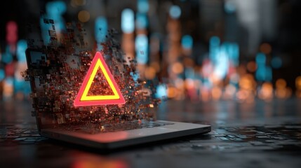 A professional setting with a laptop showcasing a prominent warning sign amidst a chaotic digital storm illustrating the critical need for awareness and proactive measures against cyber