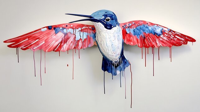 Hummingbird mid flight with watercolor wings still dripping, pigment droplets suspended