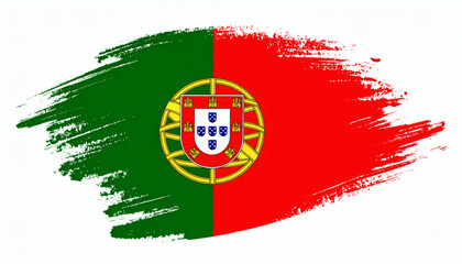 Obraz premium Portugal flag in brush stroke style with red and green sections and detailed coat of arms on clean white background, artistic textured design in high resolution