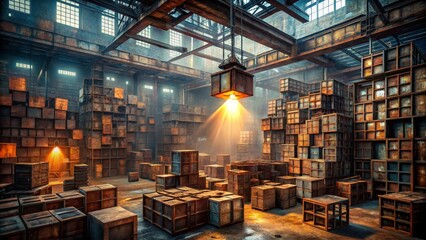 A sunbeam illuminates a vast, aged warehouse filled with countless rusted metal storage containers, creating a dramatic and mysterious atmosphere