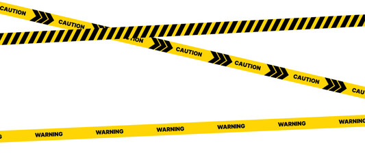 Caution warning tape with yellow and black stripes. Realistic crossed tape for construction area, crime scene or danger zone. Police warning crossed ribbon at transparent background. Vector.
