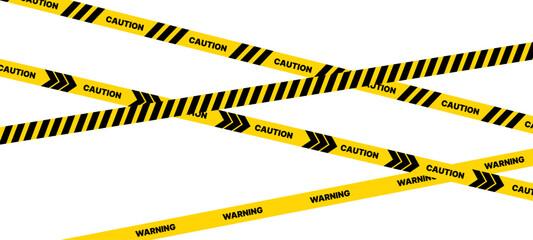 Caution warning tape with yellow and black stripes. Realistic crossed tape for construction area, crime scene or danger zone. Police warning crossed ribbon at transparent background. Vector.
