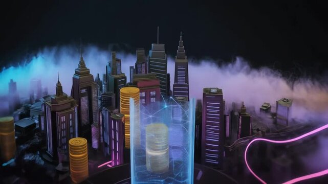 Futuristic blockchain network connecting buildings and crypto assets