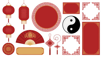 A Collection of Traditional Chinese Decorative Elements Lanterns, Fans, and Borders