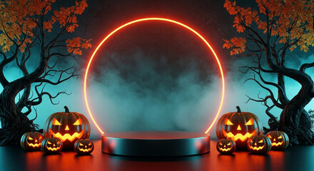 Spooky halloween scene with glowing jack o lanterns and a neon ring