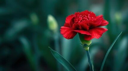 Obraz premium A lone vibrant red carnation captures attention with its rich color and emotive presence nestled amidst a soft blur of verdant greenery symbolizing everlasting love and beauty.