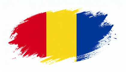 Fototapeta premium Romania flag painted in brush strokes of blue, yellow, and red on clean white background, artistic textured design in high resolution