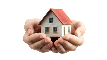 hand holding a small house on transparent background PNG