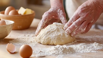 Fototapeta premium Hands pushing into a lump of dough on a wooden surface in warm ambient light evoking autumn coziness