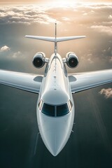 Private jet soaring above clouds golden hour flight