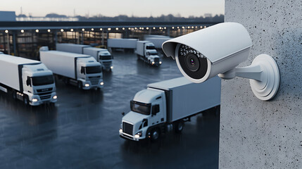 Security camera monitoring trucks at a depot, ensuring safety and preventing theft. Advanced surveillance systems provide enhanced security in logistics.