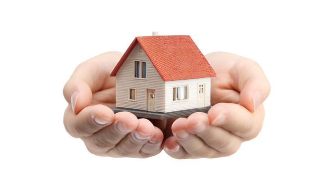 hand holding a small house on transparent background PNG