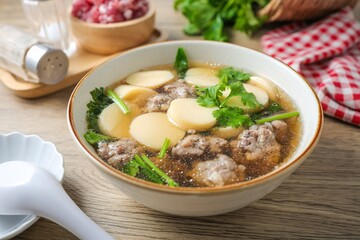 Home made Clear Soup with Bean Curd and Minced Pork ,Clear Soup with Egg Tofu ,vegetable and Minced Pork ball ,thai food,Thai call kang jued tao hoo moo sab	